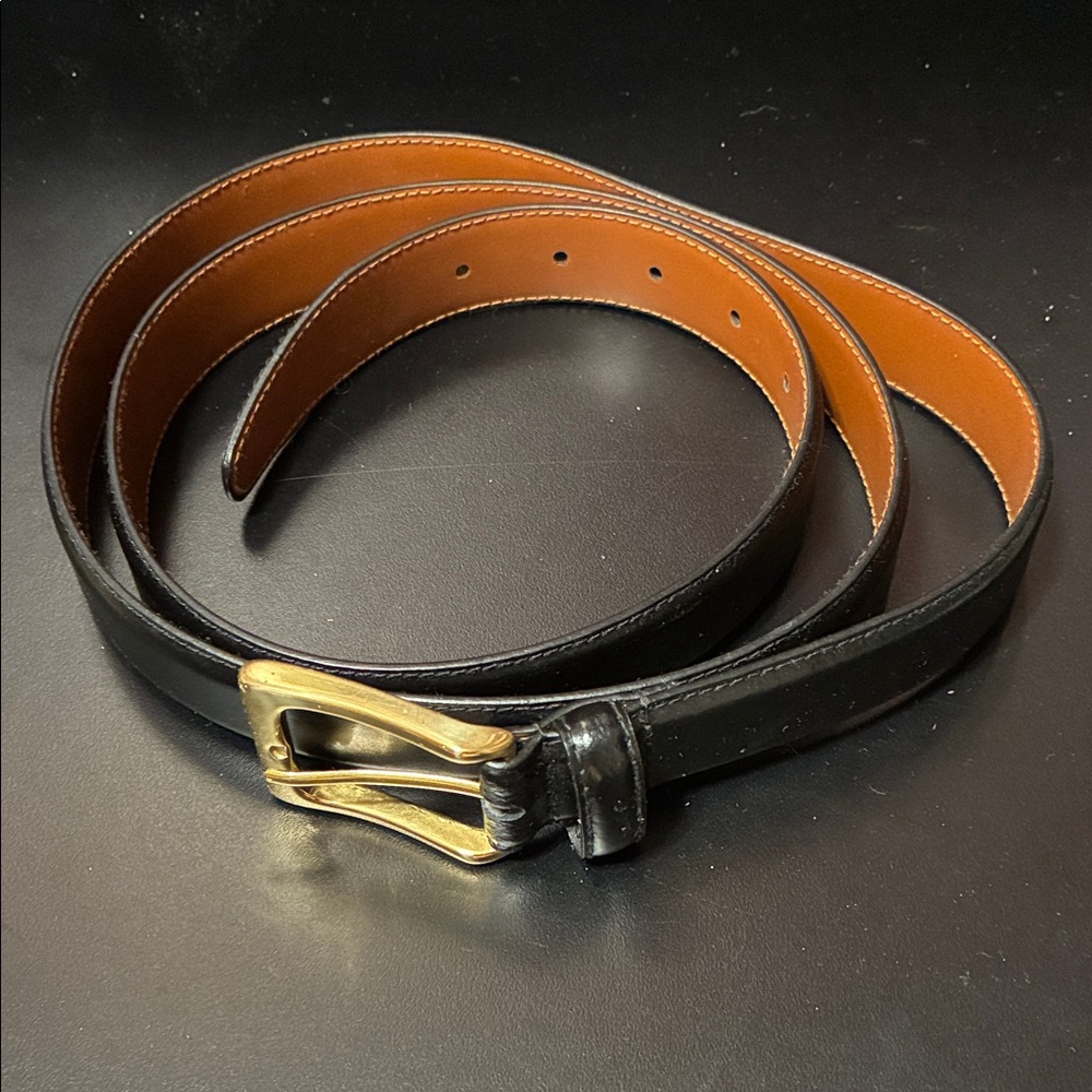 Men's vintage Black Leather Belt with Gold Buckle